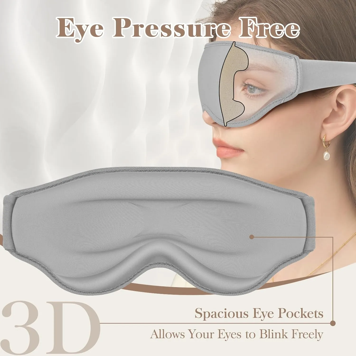 3D Eye Mask Sleep Mask for Men & Women, 100% Pressure-Free & Light Block-Out Eye Mask for Sleep with Easy Adjustable Strap, Night Eye Cover for Travel, Grey