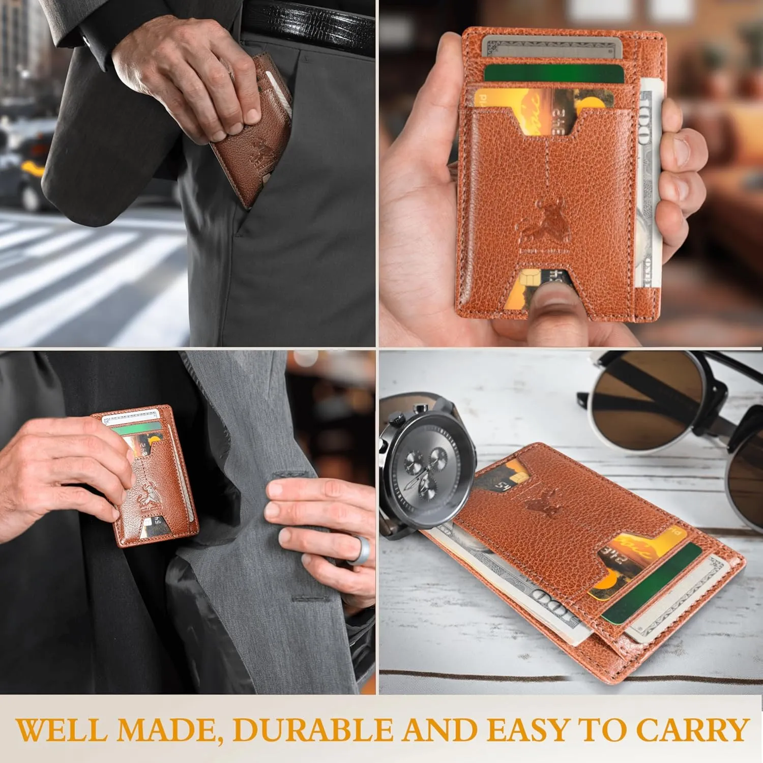 BULL GUARD Mens RFID Blocking Leather Slim Card Case Wallet with Easy Access ID windows, Cash & Card Slots, Crafted with Premium Top Grain Leather Ideal for Travel or Everyday Use (Wild Buffalo Brown)