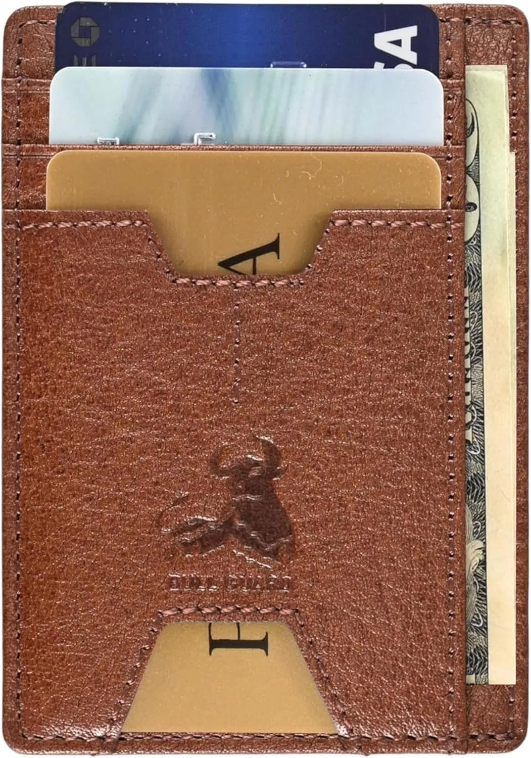 BULL GUARD Mens RFID Blocking Leather Slim Card Case Wallet with Easy Access ID windows, Cash & Card Slots, Crafted with Premium Top Grain Leather Ideal for Travel or Everyday Use (Wild Buffalo Brown)
