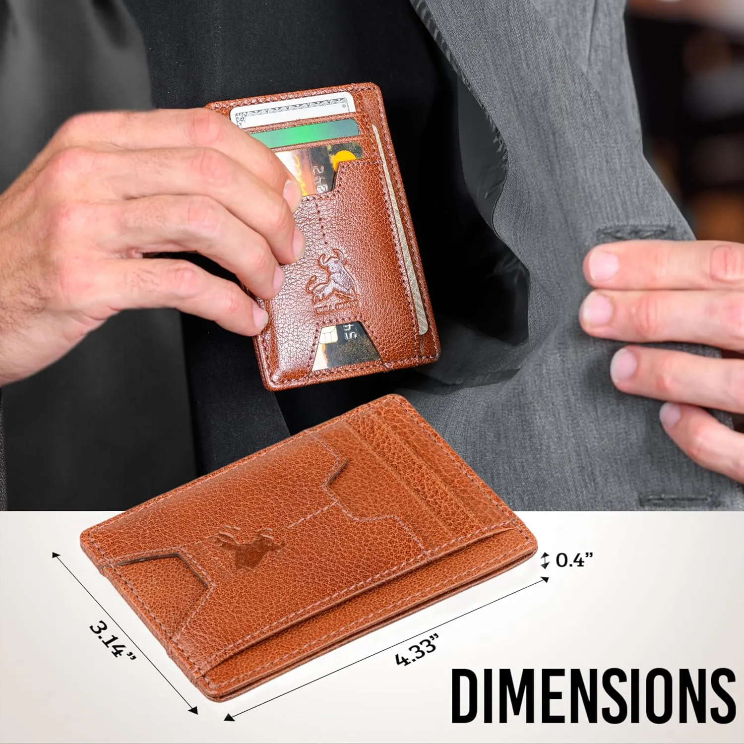 BULL GUARD Mens RFID Blocking Leather Slim Card Case Wallet with Easy Access ID windows, Cash & Card Slots, Crafted with Premium Top Grain Leather Ideal for Travel or Everyday Use (Wild Buffalo Brown)