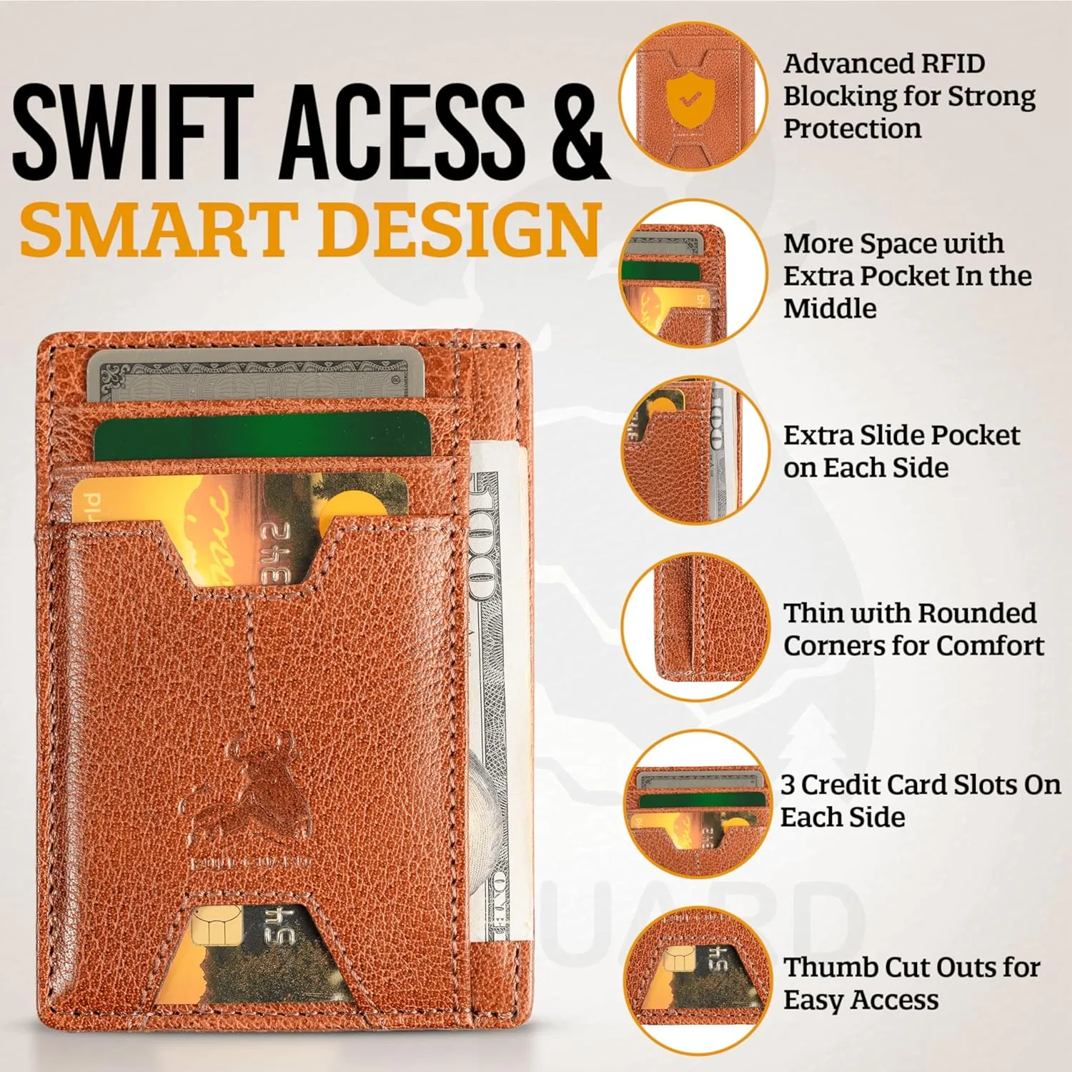 BULL GUARD Mens RFID Blocking Leather Slim Card Case Wallet with Easy Access ID windows, Cash & Card Slots, Crafted with Premium Top Grain Leather Ideal for Travel or Everyday Use (Wild Buffalo Brown)