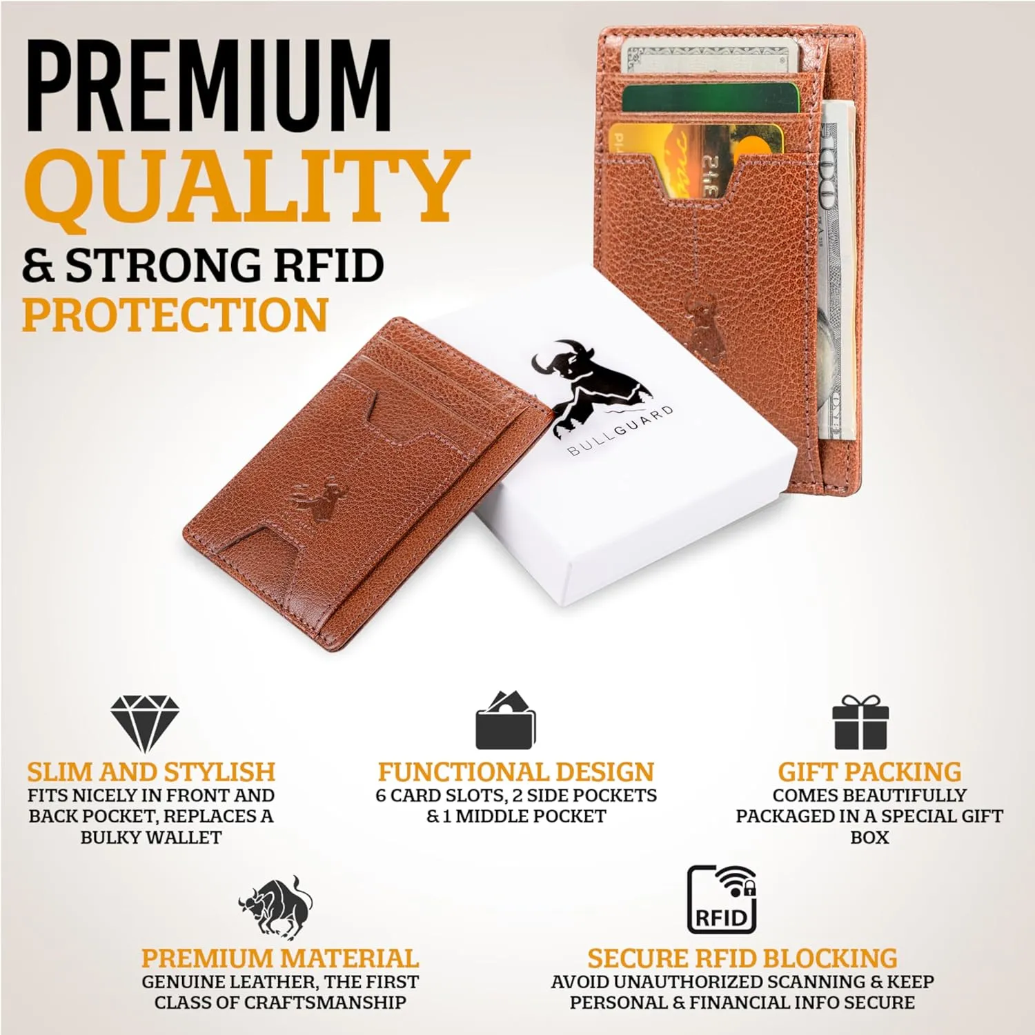 BULL GUARD Mens RFID Blocking Leather Slim Card Case Wallet with Easy Access ID windows, Cash & Card Slots, Crafted with Premium Top Grain Leather Ideal for Travel or Everyday Use (Wild Buffalo Brown)
