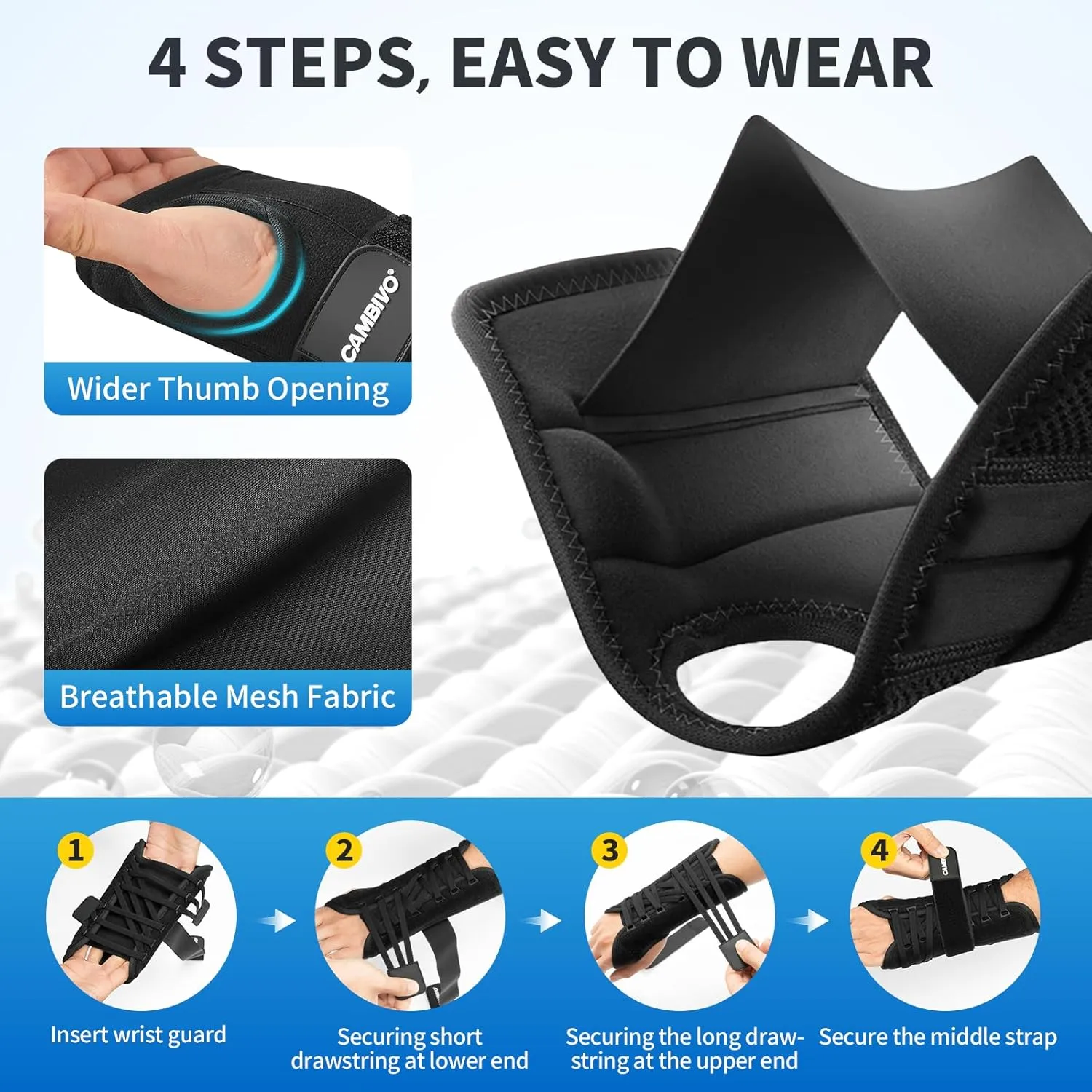 CAMBIVO Carpal Tunnel Wrist Brace with 3 Adjustable Straps, Breathable Wrist Brace with 2 Palm-Sided Stabalizers for Arthritis, Tendinitis, Carpal Tunnel, Sprain, and Recovery(M/L, Right)