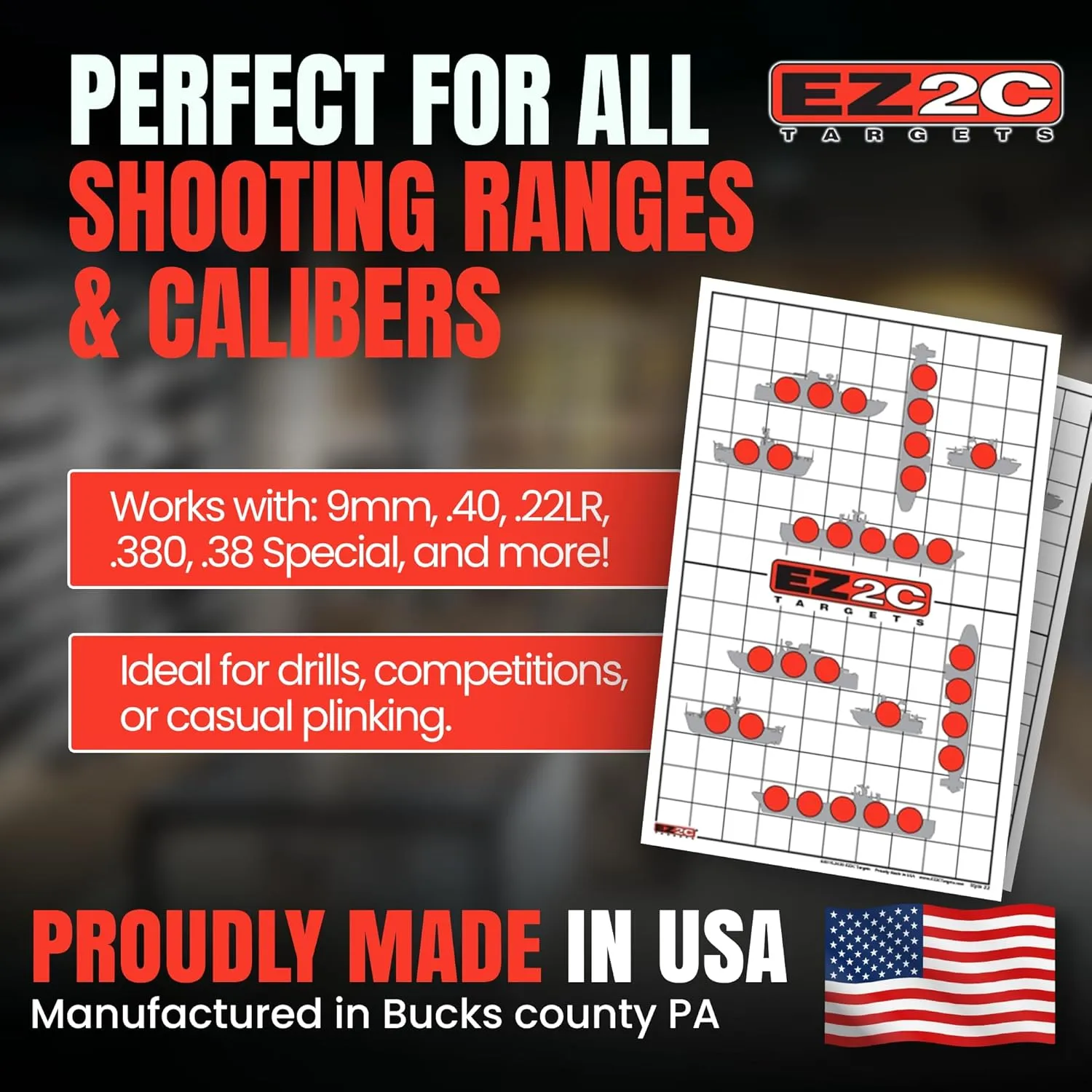 EZ2C Four Game Style Target Paper for Gun Shooting Range, Compatible with Handgun, Rifle and Pistol, Made in USA (11x17 inch)