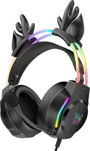 Gaming Headset with Microphone, Deer Ears Headphones for PC Laptop PS4 PS5 Xbox Switch, Rainbow RGB Lighting & Virtual Surround Sound, 3.5mm Over Ear Headphones, Ergonomic