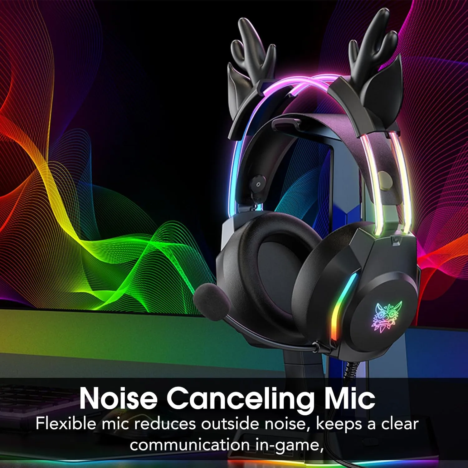 Gaming Headset with Microphone, Deer Ears Headphones for PC Laptop PS4 PS5 Xbox Switch, Rainbow RGB Lighting & Virtual Surround Sound, 3.5mm Over Ear Headphones, Ergonomic