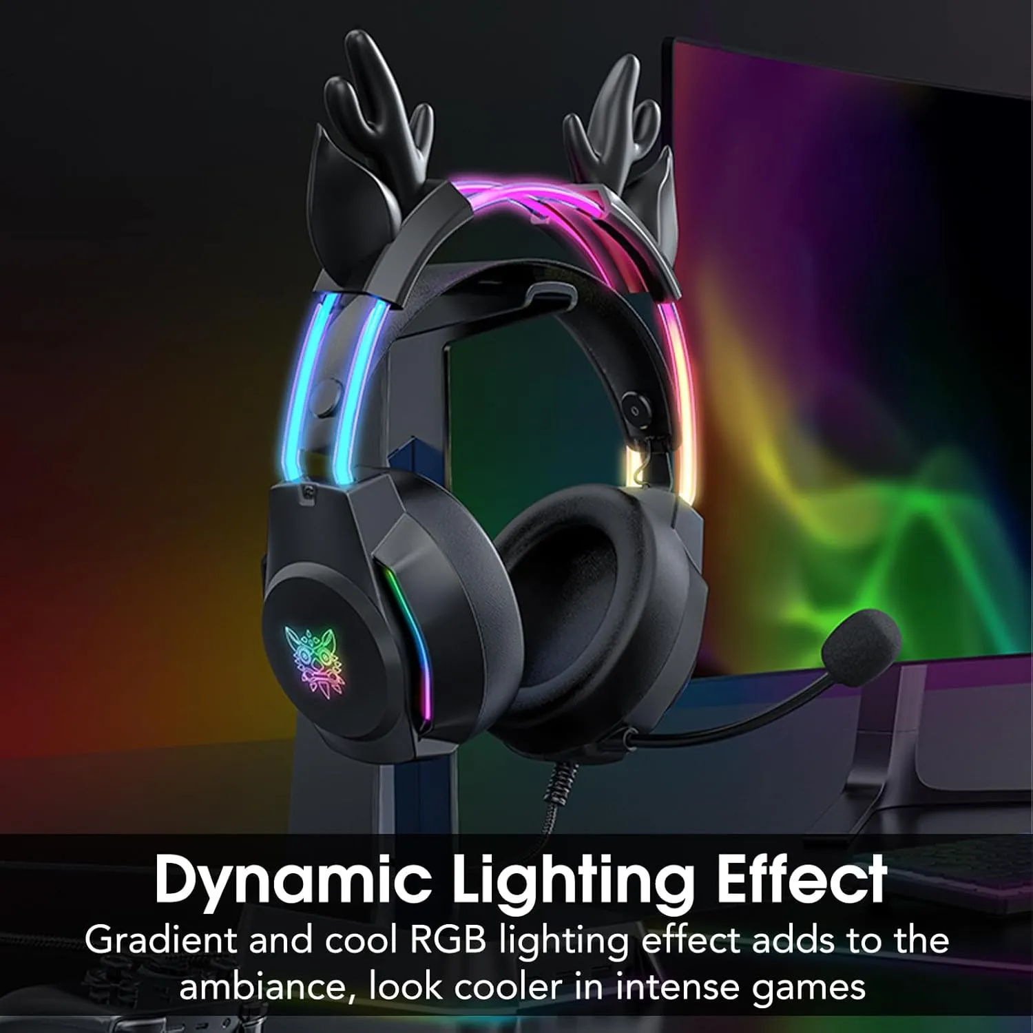 Gaming Headset with Microphone, Deer Ears Headphones for PC Laptop PS4 PS5 Xbox Switch, Rainbow RGB Lighting & Virtual Surround Sound, 3.5mm Over Ear Headphones, Ergonomic