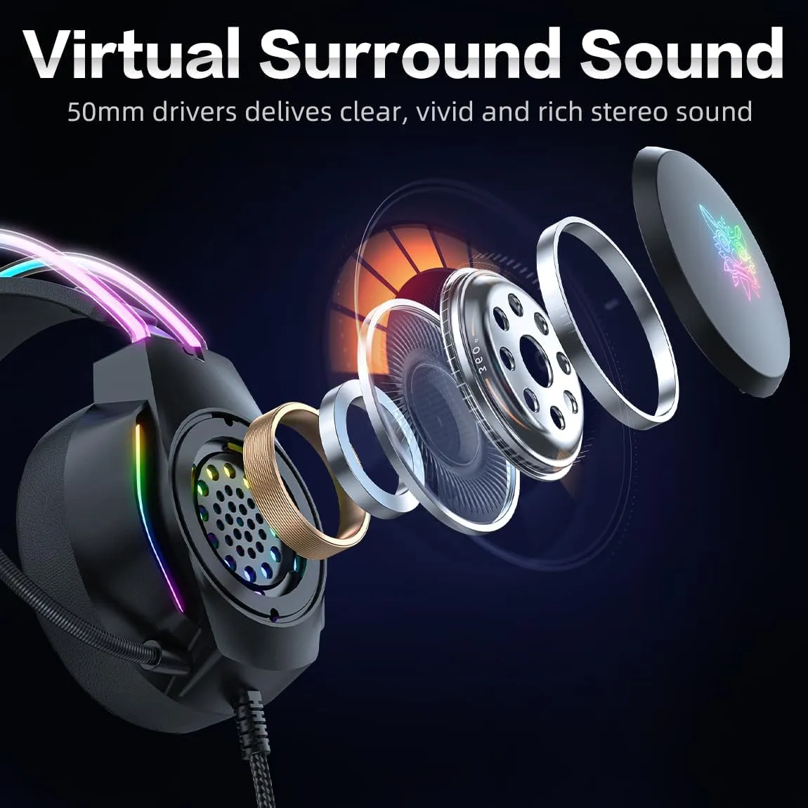 Gaming Headset with Microphone, Deer Ears Headphones for PC Laptop PS4 PS5 Xbox Switch, Rainbow RGB Lighting & Virtual Surround Sound, 3.5mm Over Ear Headphones, Ergonomic