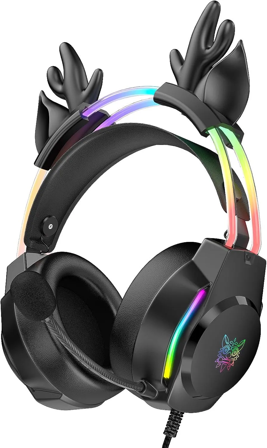 Gaming Headset with Microphone, Deer Ears Headphones for PC Laptop PS4 PS5 Xbox Switch, Rainbow RGB Lighting & Virtual Surround Sound, 3.5mm Over Ear Headphones, Ergonomic