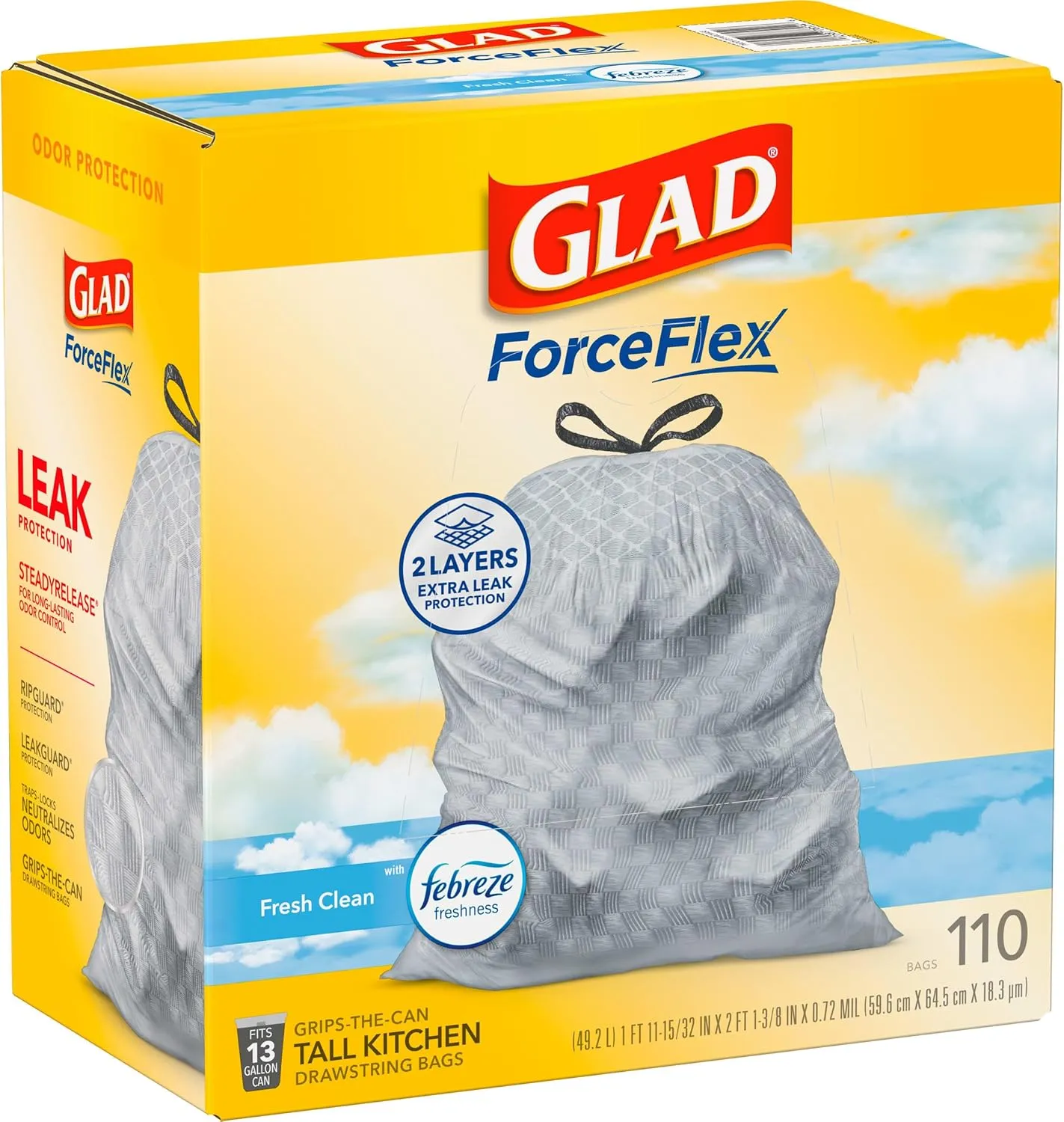 Glad ForceFlex Tall Kitchen Trash Bags, 13 Gallon, Gain Fresh Clean, 110 Count (Package May Vary)