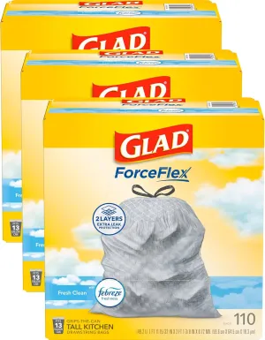 Glad ForceFlex Tall Kitchen Trash Bags, 13 Gallon, Gain Fresh Clean, 110 Count (Package May Vary)