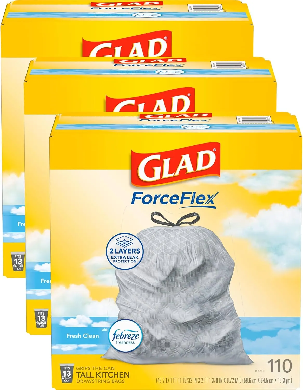Glad ForceFlex Tall Kitchen Trash Bags, 13 Gallon, Gain Fresh Clean, 110 Count (Package May Vary)