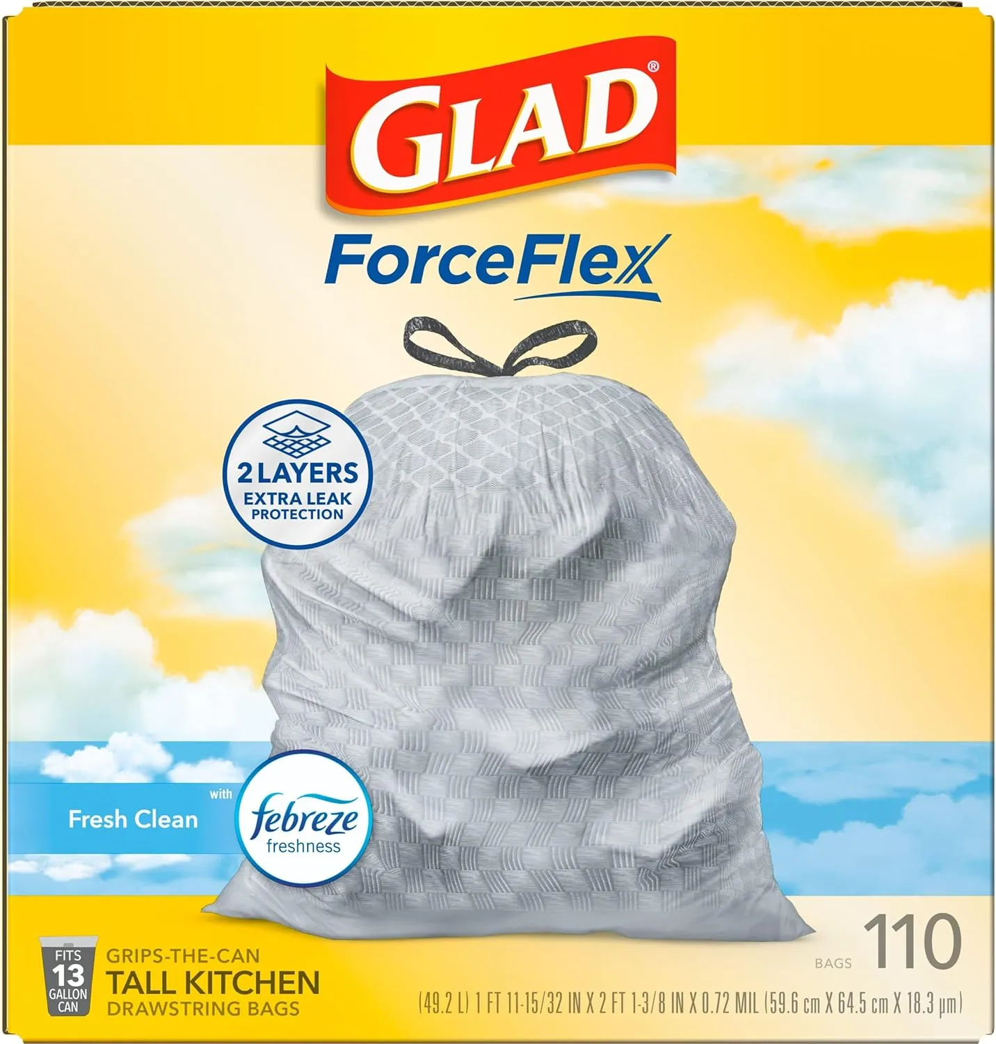 Glad ForceFlex Tall Kitchen Trash Bags, 13 Gallon, Gain Fresh Clean, 110 Count (Package May Vary)