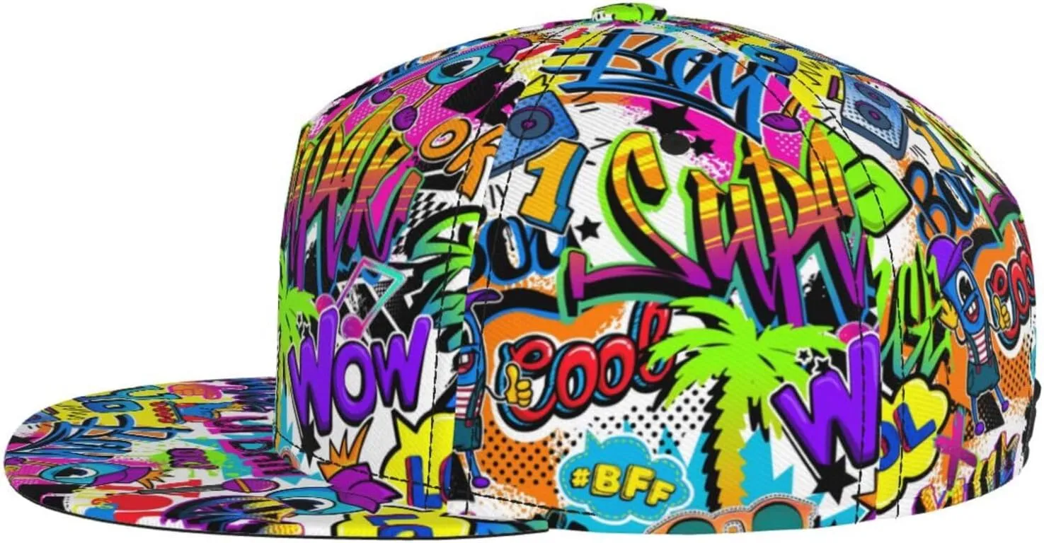 Graffiti Snapback Baseball Cap, Hip Hop Style, Adjustable Flat Bill Brim Hat, Unisex