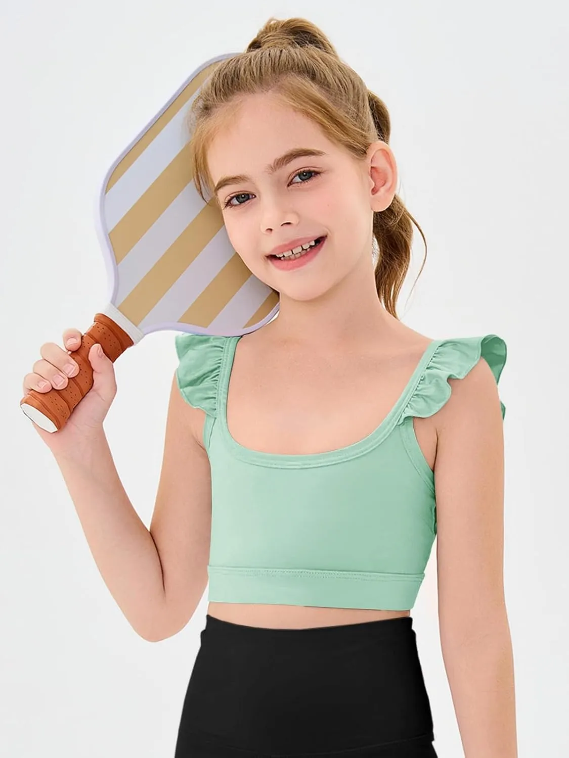 Haloumoning Girls Training Bra Kids Cute Ruffle Sports Bra Workout Yoga Bra Comfort Dance Crop Top