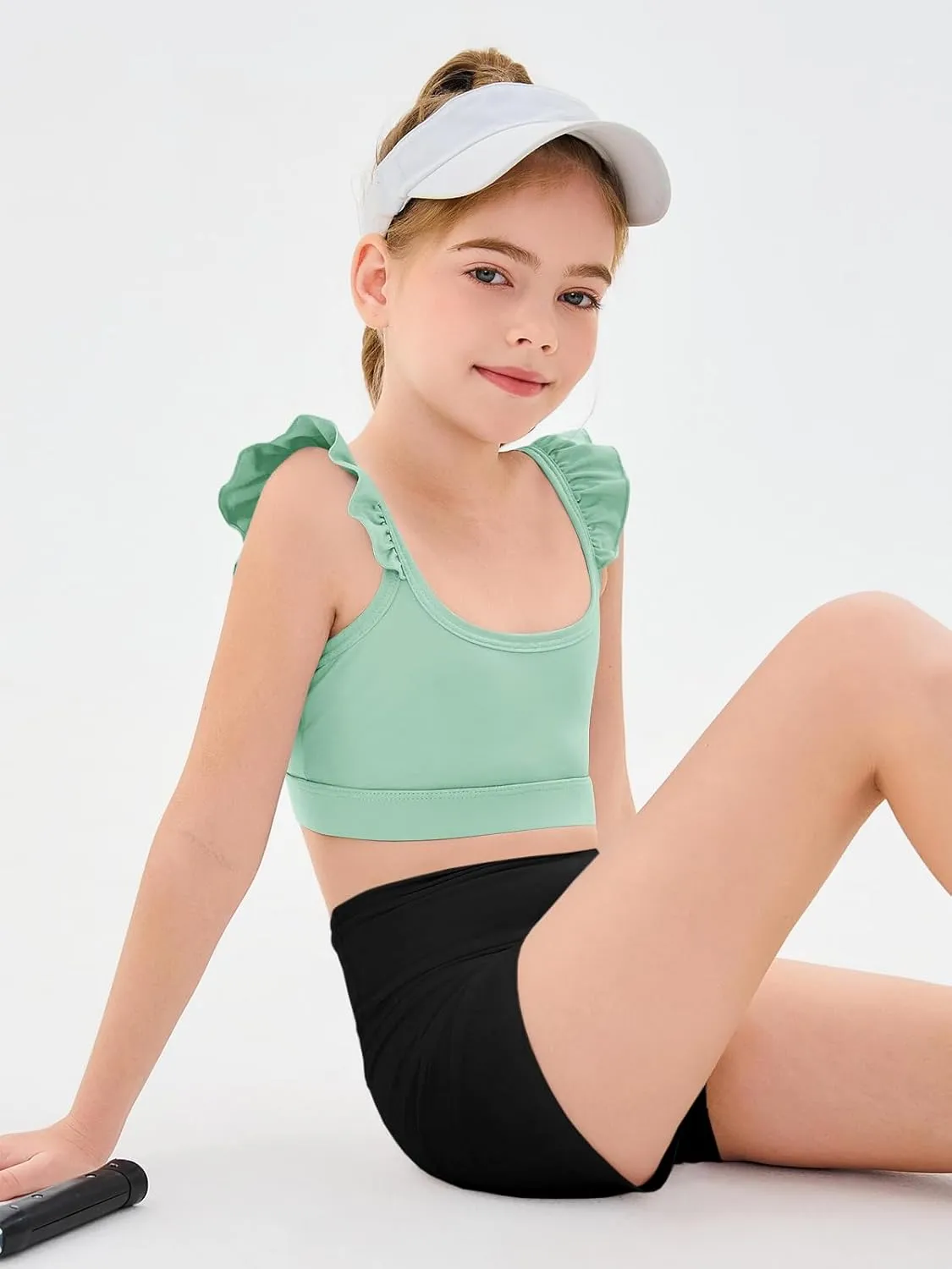 Haloumoning Girls Training Bra Kids Cute Ruffle Sports Bra Workout Yoga Bra Comfort Dance Crop Top