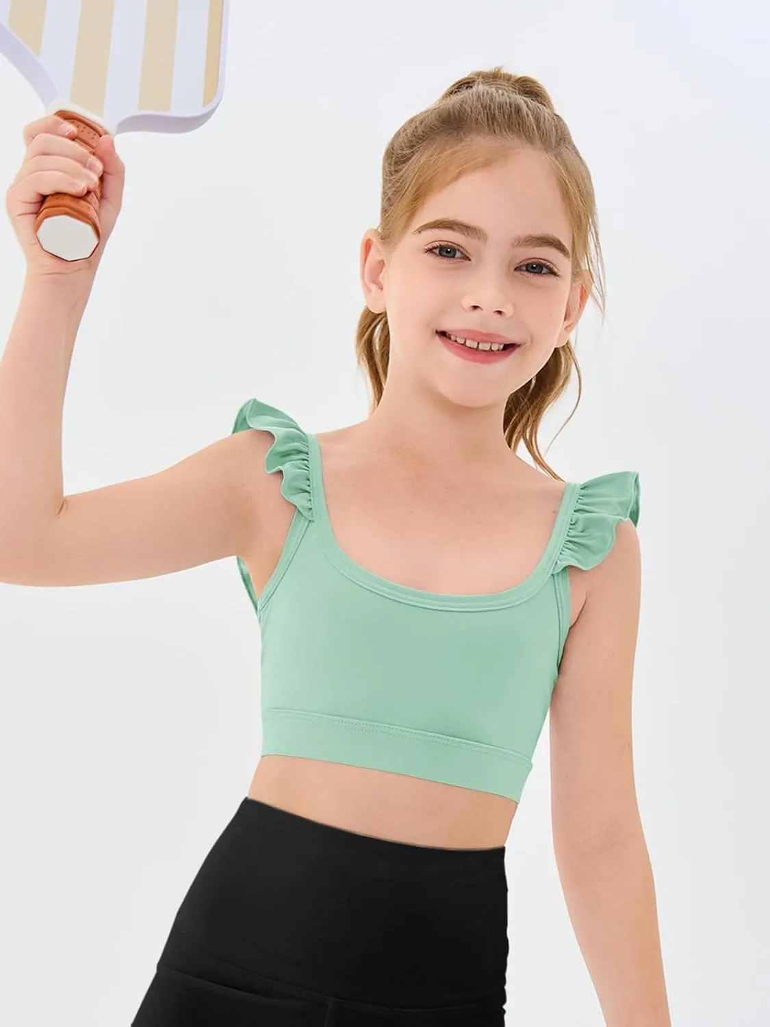 Haloumoning Girls Training Bra Kids Cute Ruffle Sports Bra Workout Yoga Bra Comfort Dance Crop Top