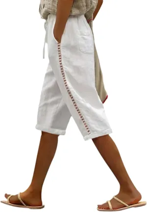 Puimentiua Women Linen Shorts Casual Knee Length Bermuda Shorts with Hollow Side Summer Beach Lightweight Capri Pants