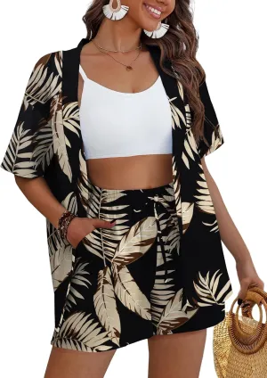 REDHOTYPE Women's 2 Piece Outfits Kimono Style Tropical Print Cover Ups Half Sleeve Blouse Shorts Set Summer Beachwear S-XL