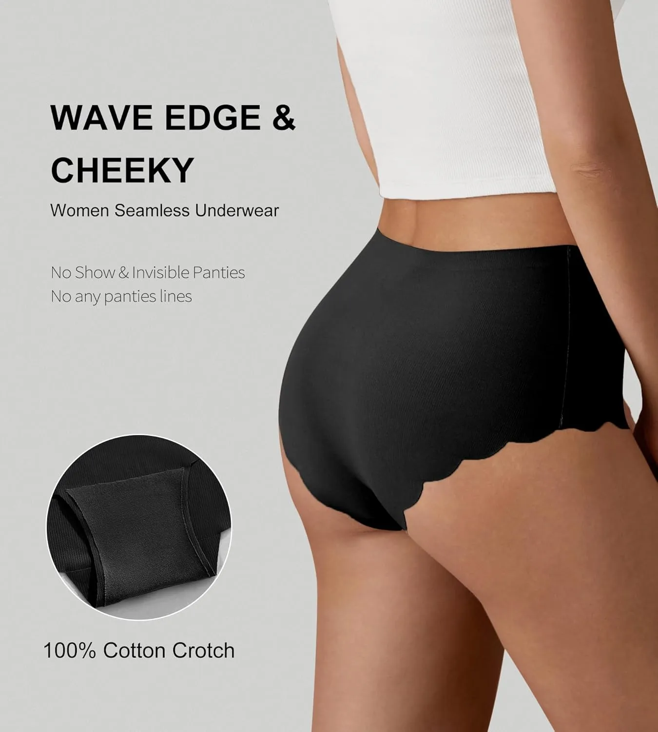 SHARICCA Seamless High Waisted Underwear for Women Cheeky Underwear Wave Edge No Show Bikini Panties Ribbed Panties Pack