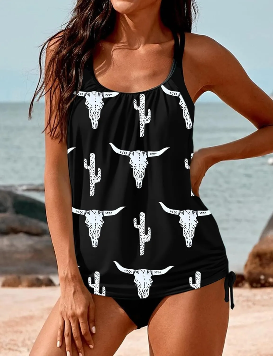 SHESHOW Cowgirl Style Tankini Swimsuits for Women Scoop Neck Ruched Blouson and Bottom 2 Piece Bathing Suits S-XXL