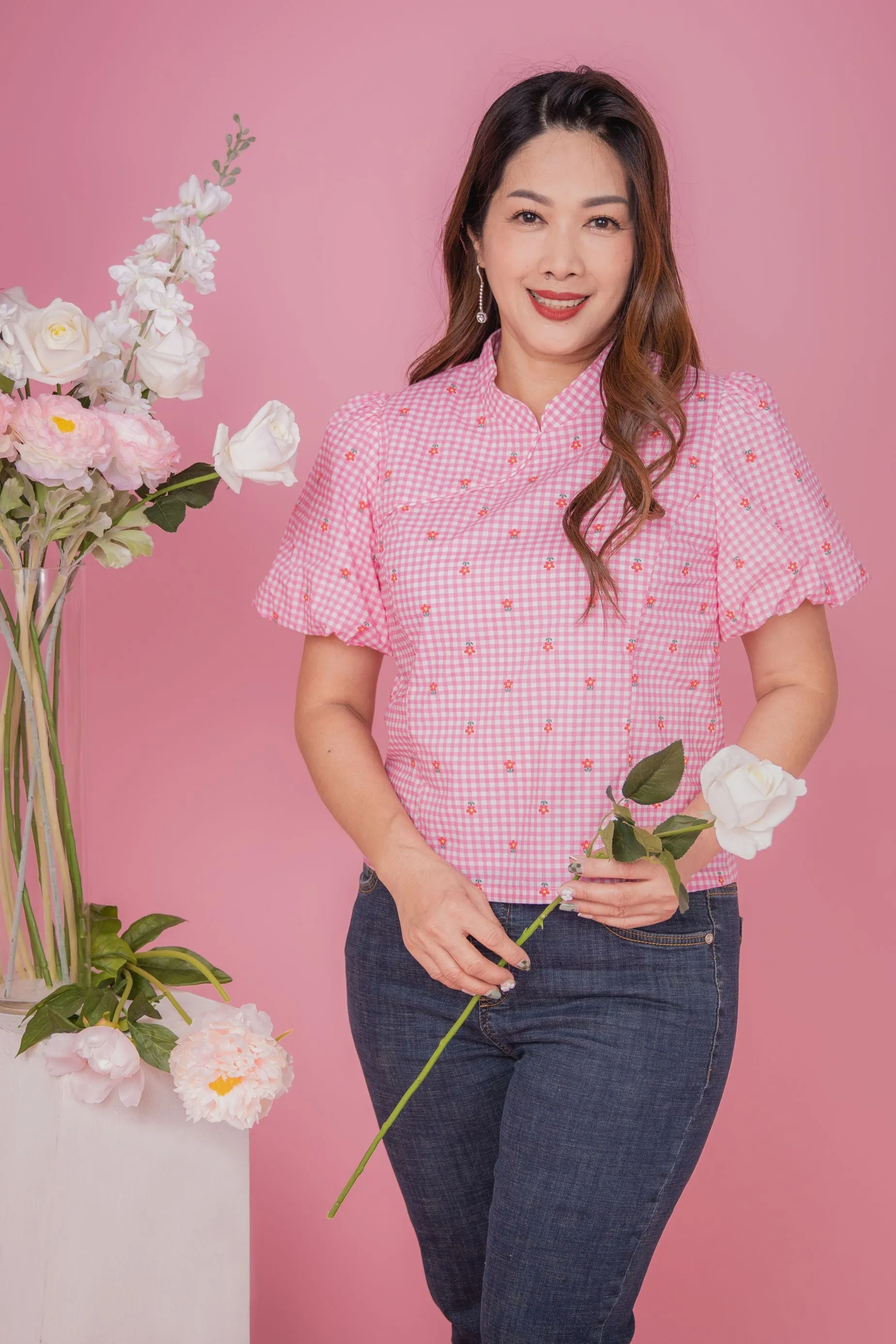 Sweet Flower Checked Blouse