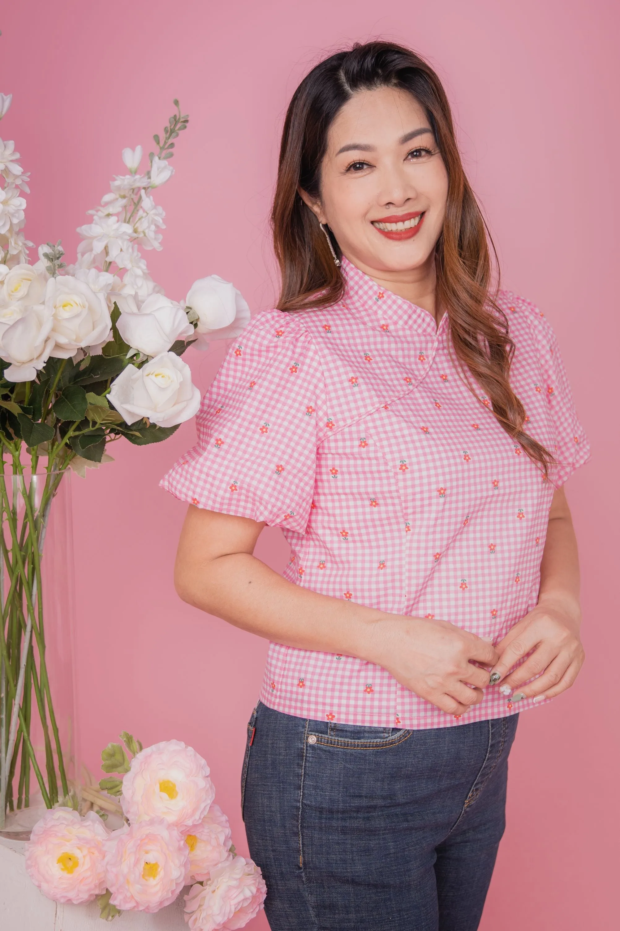 Sweet Flower Checked Blouse