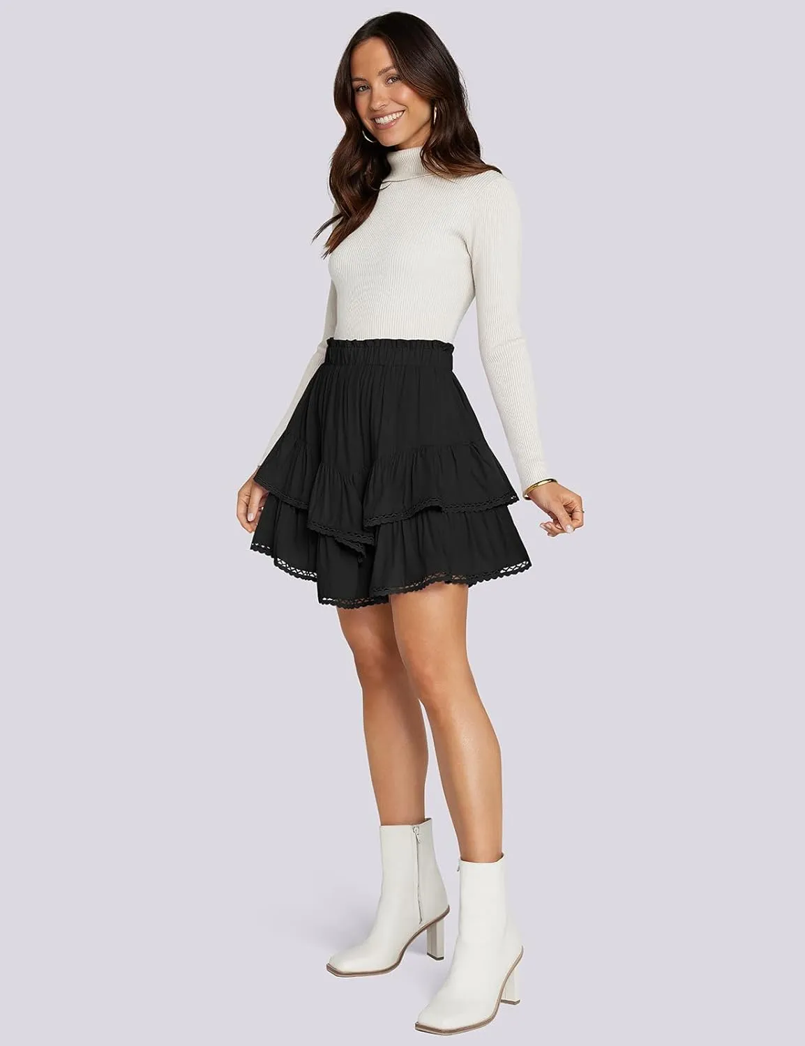 TARSE Womens Flowy Shorts High Waist Pleated Mini Skirts Casual Boho Ruffle Tiered Skorts Cute Versatile Fashion Shorts