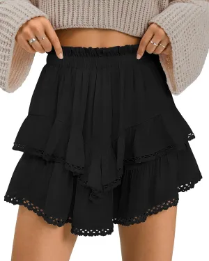 TARSE Womens Flowy Shorts High Waist Pleated Mini Skirts Casual Boho Ruffle Tiered Skorts Cute Versatile Fashion Shorts