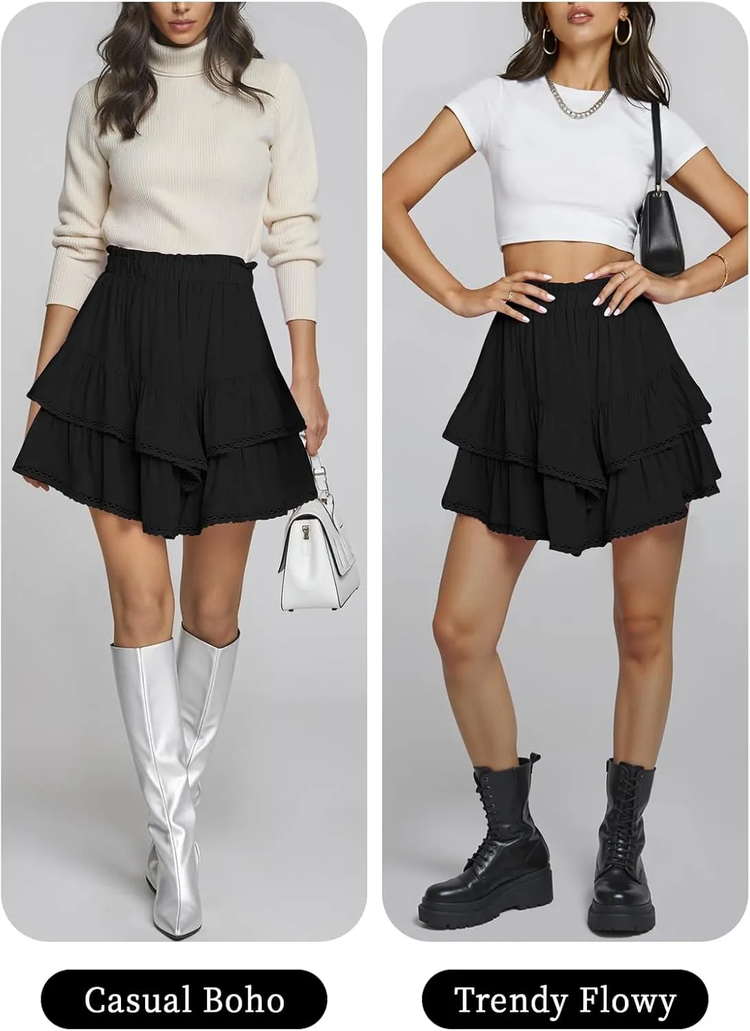 TARSE Womens Flowy Shorts High Waist Pleated Mini Skirts Casual Boho Ruffle Tiered Skorts Cute Versatile Fashion Shorts