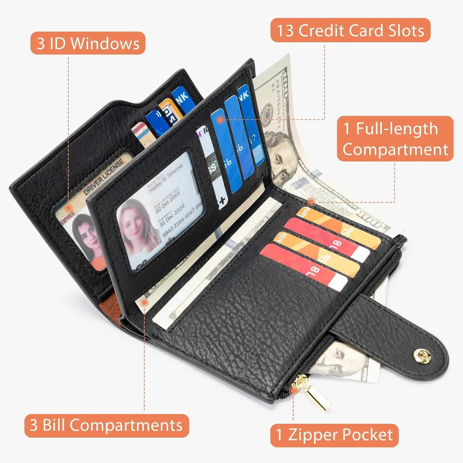 Wallets for Women Bifold Credit Card Holder, Rfid Blocking, ID Window, Western Slim Wallet with Zipper Coin Pocket for Ladies, Ebony Black