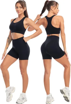 Workout Sets for Women 2 Piece - Seamless Yoga Outfits Shorts and Padded Sports Bra Gym Athletic Clothing Set
