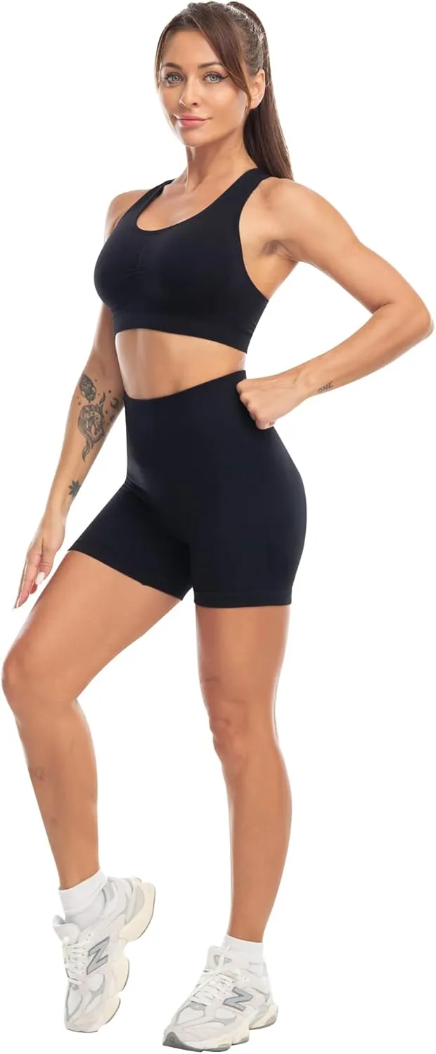 Workout Sets for Women 2 Piece - Seamless Yoga Outfits Shorts and Padded Sports Bra Gym Athletic Clothing Set